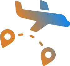 A stylized icon of an airplane flying above two location pins connected by a dashed line, symbolizing travel or a flight route. The colors blend from orange to blue.