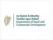 Logo of the Department of Rural and Community Development, with text in Irish and English, and a gold harp symbol on the left.