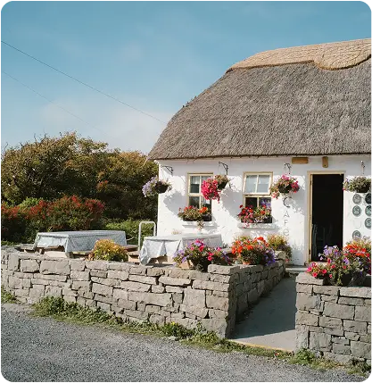 A charming cottage café with a thatched roof, white walls, flower boxes, and hanging baskets. A stone wall encloses a patio with benches, and colorful flowers decorate the outdoor space. Blue sky and trees in the background.