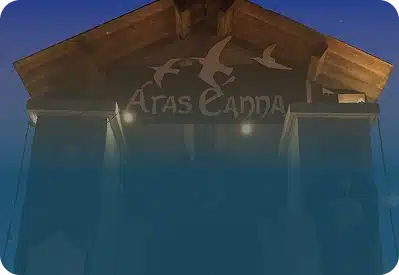 A wooden building with a sign that reads "Aras Eanna" and has silhouettes of birds above it, illuminated at dusk with two murals on either side of the entrance.