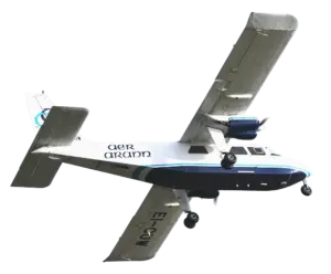 A small white and blue airplane with “Aer Arann” and “EI-CIW” written on it, flying against a transparent background, viewed from below and slightly to the side.