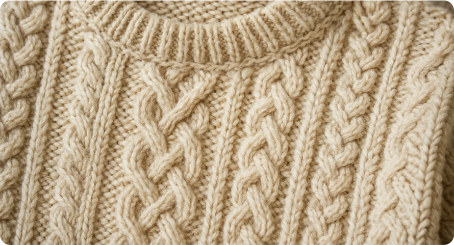 Close-up of a cream-colored, chunky knit sweater featuring intricate cable knit patterns and a ribbed neckline.