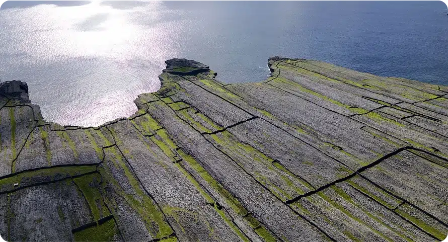 Aerial view of rocky, flat limestone formations with green grass growing between the cracks, leading to a calm sea reflecting sunlight.