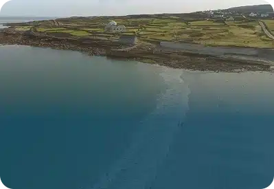 A calm coastal scene with gentle waves meeting the shore, green fields divided by stone walls, and a white house near the water under a cloudy sky.